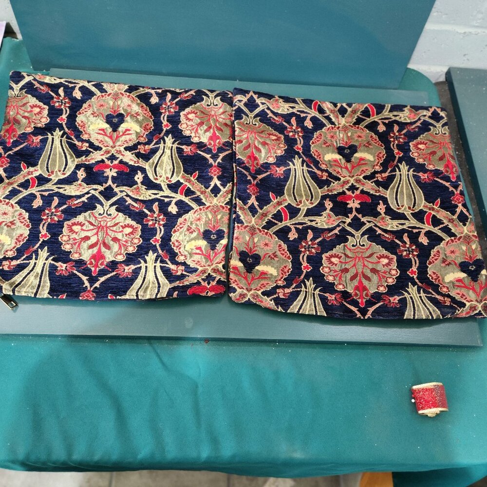 Pair of Turkish Design Pillow Covers, Navy, Gold & Rust 16" x 16"